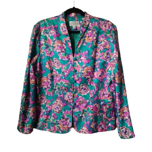 Vintage Adrianna Papell Silk Bright Floral Print Blazer Jacket Size 16 - Picture 2 of 10